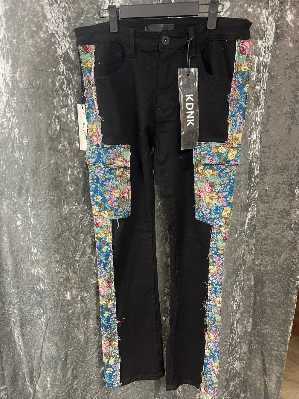 KDNK Black Cargo Pants with Colorful Floral Panels